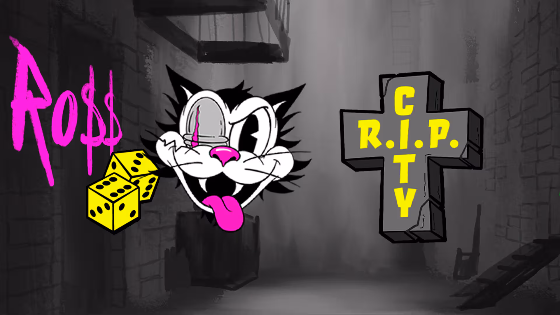 Rip City slot review banner - overzicht van het 5x5 speelveld met Ro$$ the Cat en Maxx the Mouse in cartoon-stijl