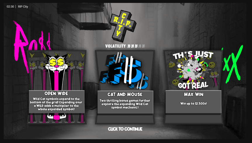 Rip City functies overzicht - screenshot met Wild Cats, multipliers en bonussymbolen op het 5x5 speelveld